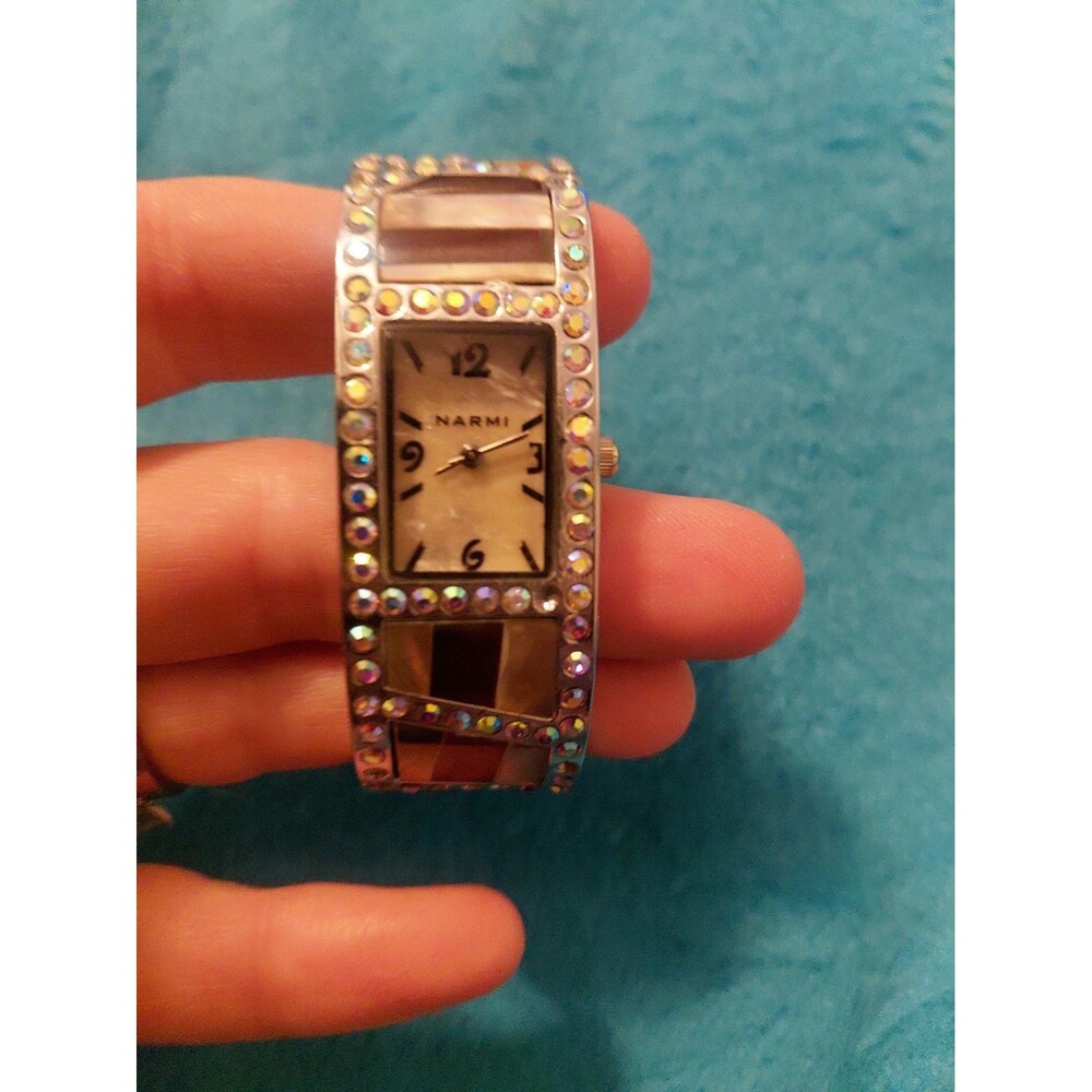 Narmi Womens Silver Tone Bling Square Hinged Cuff Bracelet Watch W/Stone Details